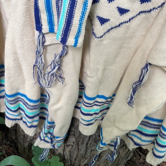 Red Camel Tan Open Front Sweater Cascading Waterfall Blue Stripes Fringes Aztec - Picture 8 of 16